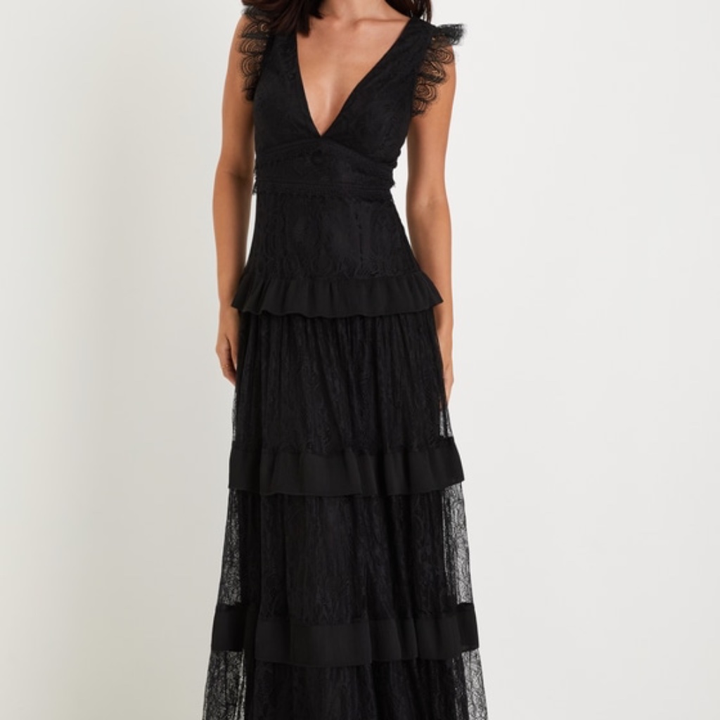 Lulus Marvelous Darling Black Lace Ruffled Tiered Maxi Dress - Size M